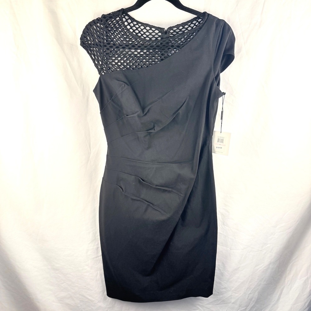 Calvin Klein Black Ruched Sheath Dress ‎ Mesh Fishnet Accent 6 NWT Office Siren